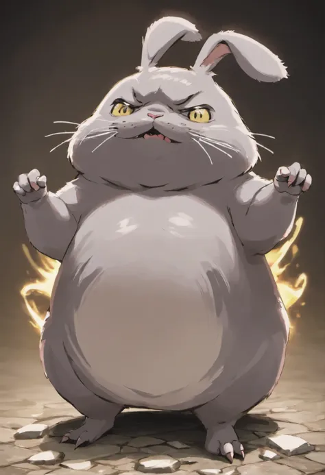 here is a small animal, standing on a stone, happy big chungus, big chungus, big chungus meme, chinchilla animal, smear, with pointed ears, Fat beetles owl, big chungus boss, It looks very stupid, Half a rabbit, Real life Totoro