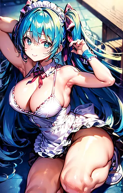 (best quality,ultra-detailed,realistic:1.37),portrait,pencil drawing,colored lines,high contrast,bright colors,soft lighting,Miku Hatsune,cute,adorable,large eyes,detailed hair,twintails,huge ribbon,maid outfit,frilly apron,short skirt, skinny body express...