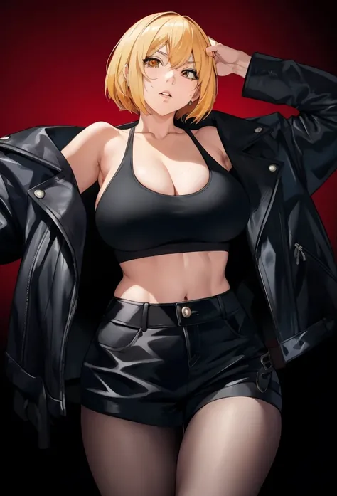 anime - style illustration of a woman wearing a black top and leather shorts, Anime rudo 8K, chica anime seductora, 2b, 2 segundo, protagonista femenina 👀 :8, grueso, anya from the spy family x, Persona 5 art style, of frontline girls, atuendo revelador, l...