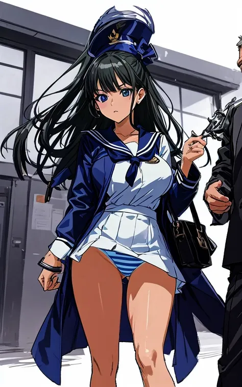 A beautiful woman with shoulder-length black hair, big breasts, beautiful legs, and a sharp face is wearing a sailor suit with a white miniskirt, showing light blue and blue striped panties as she meets a middle-aged man in a suit at a building in front of...