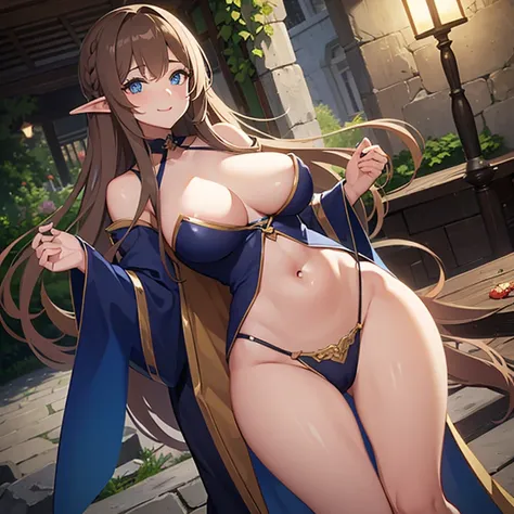 1 elf woman,((with long brown hair)),((with blue eyes)),((very huge breasts sticking out a little, huge breasts)),((a very small white dress with a revealing neckline)) ,((bare thighs, bare onions)),((with a kind and cute look, with a slight gentle smile))...