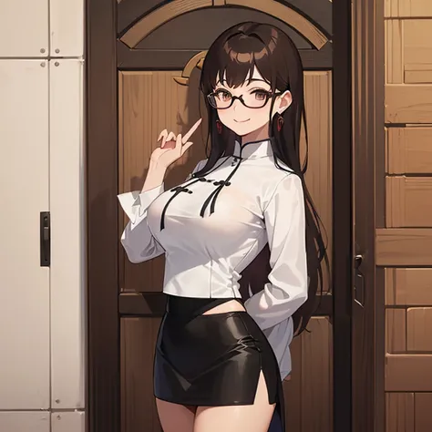 ((1 Woman, with a white mini blouse with Bhutan, with a black mini skirt with Bhutan, with white panties)),((brown hair)),((shallow eyes, with glasses, with a cute smile)), ((big breasts,((standing, in a medieval door, during the day