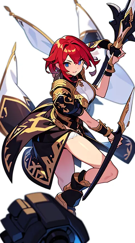 solo female, standing, (((blurry background, white background))), character focus, fantasy clothes, character design, pantie, holding weapon,
