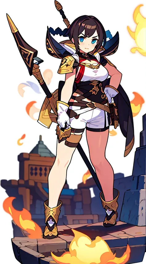 solo female, standing, (((blurry background, white background))), character focus, fantasy clothes, character design, shorts, holding weapon, full-body,
