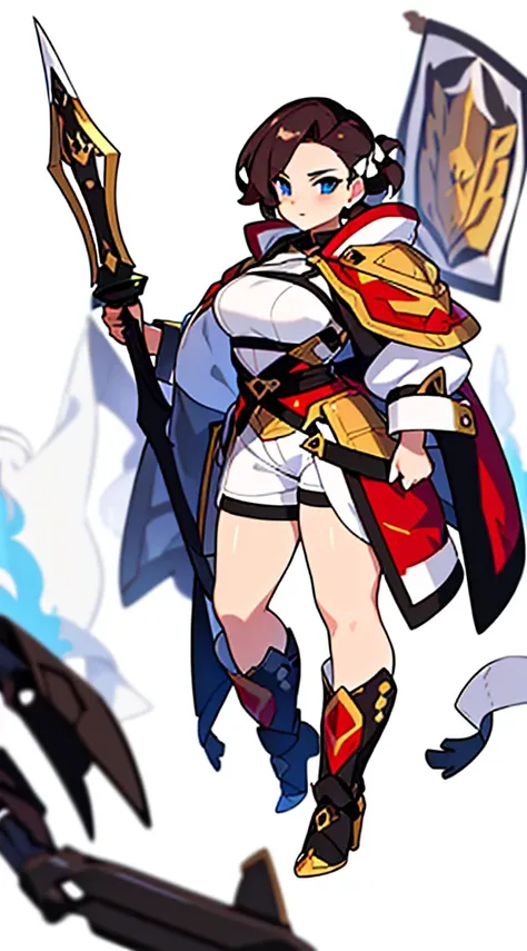 solo female, standing, (((blurry background, white background))), character focus, fantasy clothes, character design, shorts, holding weapon, full-body,
