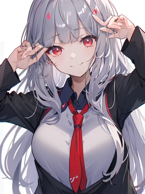 ponstyle, 1 girl, alone, Upper body, looking at the viewer, long hair, school background, school class background, gray hair, red eyes, shirt, long sleeve, closed mouth, bangs, collared shirt, black shirt, Raise your hand, smile, chromatic aberration,