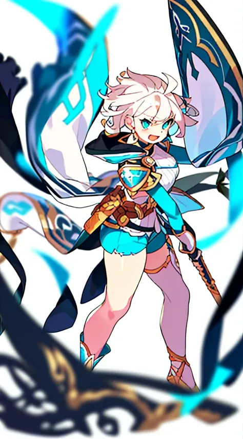 solo female, standing, (((blurry background, white background))), character focus, fantasy clothes, character design, shorts, holding weapon, fullbody, thong,
