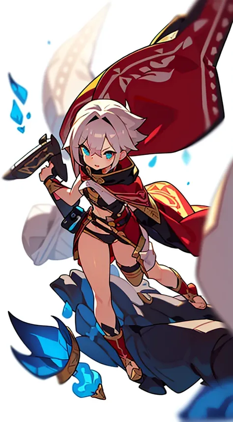 solo female, standing, (((blurry background, white background))), character focus, fantasy clothes, character design, shorts, holding weapon, fullbody, thong,
