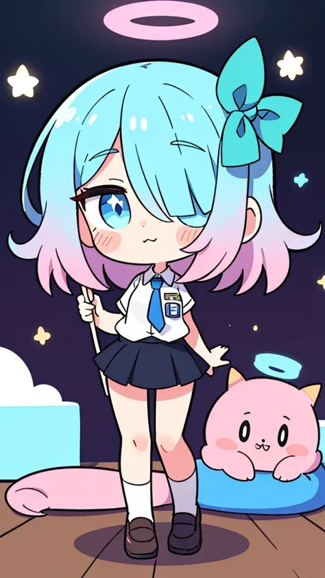 A girl with long pink-blue hair，cute，粉色halo，halo，Uniforms，cyan necktie，wearing white shirt，short skirt，blue eyes，heterochromatic pupils，One eye for，The other one  blue，There  lace around the neck，Du Qiong，grace，anime girl