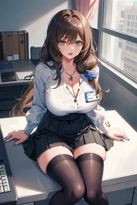 Lisa, genshin impact, 1 girl, alone, ((white shirt)), black Thighhighs, huge breasts, cleavage, uniform, office background, black skirt, pleated skirt, office, hair between eyes, messy hair, large chest, long hair, looking at the viewer, brown hair, red sh...