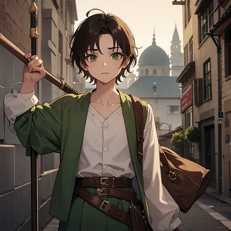 ((1 young boy, brown messy hair, green eyes)),((with an open green blouse, ripped brown pants)),((with a belt, with shit)),((holding a wizards staff madeira)),((with a tired look)),on a medieval street during the day