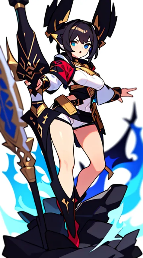 solo female, standing, (((white background, blurry background))), character focus, fantasy clothes, character design, shorts, holding weapon, fullbody, thong, front body,
