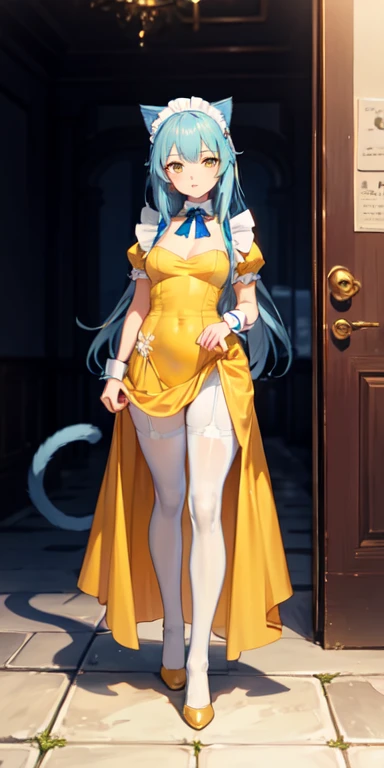 ((best quality)), ((masterpiece)), (detailed), perfect face , full body anime picture of a blue haired yellow eyed cat girl wearing a maid outfit , maid , cat girl , cat ears , cat tail , golden eyes , yellow eyes , long hair , pantyhose , french gown , le...