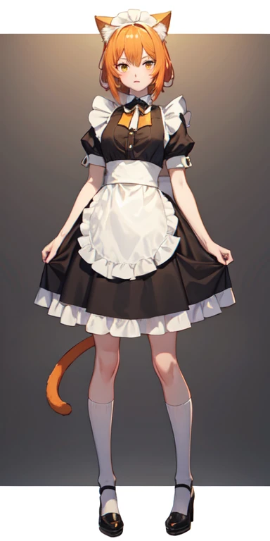 ((best quality)), ((masterpiece)), (detailed), perfect face , full body anime picture of a orange haired yellow eyed cat girl wearing a maid outfit , maid , cat girl , cat ears , cat tail , golden eyes , yellow eyes