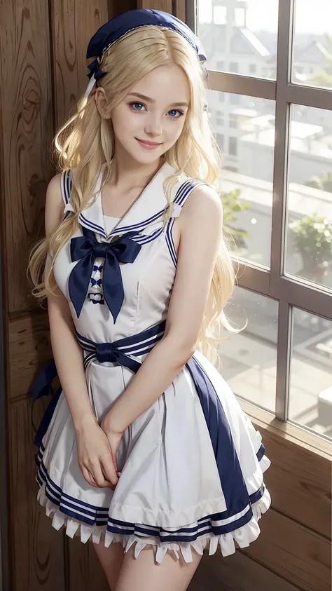 26 year old white woman、hair color is blonde、Hair is wavy、Decorate your hair with a ribbon、Eye color is blue、long hair、slender、smile、wearing a sailor suit、He wears an azuki-colored ribbon tie.、She&#39;s wearing a dark blue pleated skirt.、I&#39;m wearing lo...