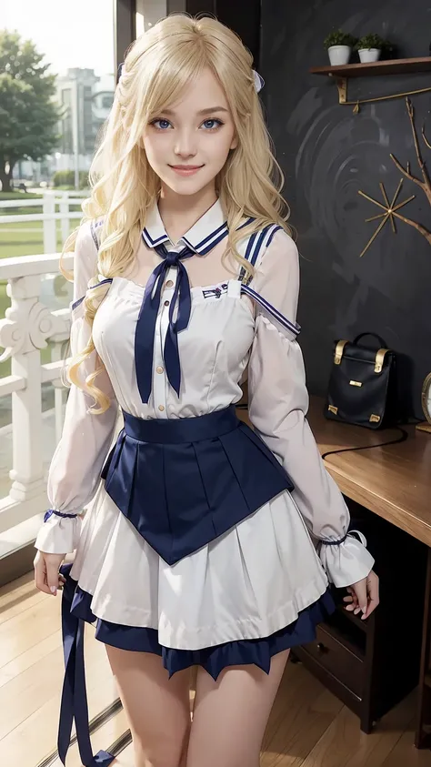 26 year old white woman、hair color is blonde、Hair is wavy、Decorate your hair with a ribbon、Eye color is blue、long hair、slender、smile、wearing a sailor suit、He wears an azuki-colored ribbon tie.、She&#39;s wearing a dark blue pleated skirt.、I&#39;m wearing lo...