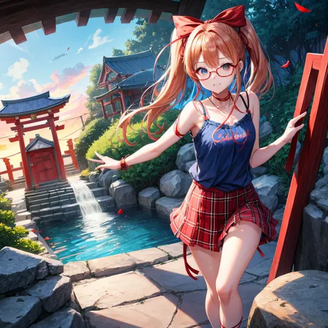 Red-blonde、blue hair、blue eyeraid、one good looking girl、solo、anime、Plaid miniskirt、camisole、black t-shirt、Tilting your face、Doing the ribbon、Ribbon at waist、sunset sky、shrine、stone stairs、petal、tunnel、drawing a fortune、Fallen leaveixing glasses、waterfall