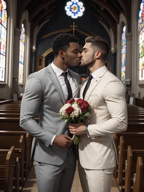 8k，8K resolution，2 Muscular Europeans, handsome man，charming eyes，dark skin,beautiful, smooth and shiny，Full muscles，Thick body hair， (wearing a stylish suit)，big bag，emphasize，Two men holding roses in church，Smile happily，kiss，There are many flowers in th...