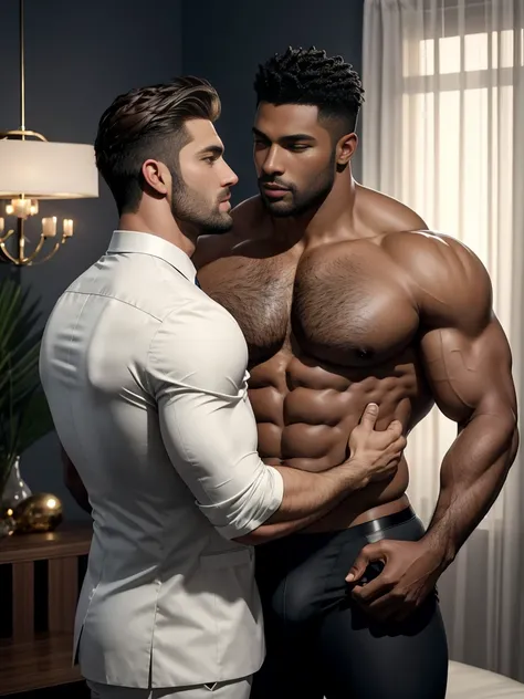 8k，8K resolution，2 Muscular Europeans, handsome man，charming eyes，dark skin,beautiful, smooth and shiny，Full muscles，Thick body hair， (wearing a stylish suit)，big bag，emphasize，Two men return home，Kiss while taking off clothes，There are many flowers at hom...