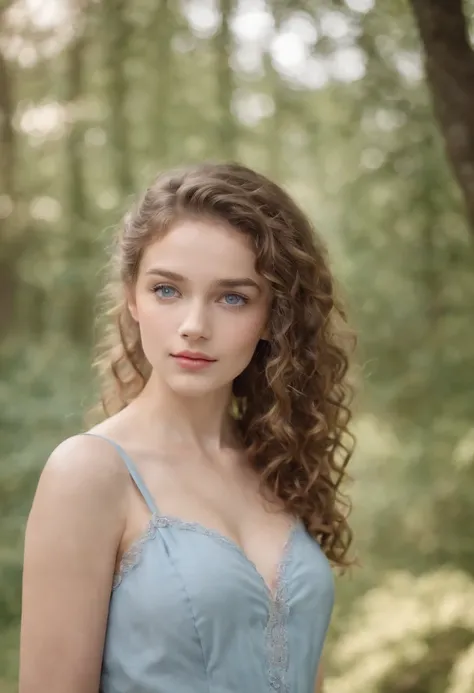 "Full body portrait of a charming 18 year old women with curly hair, petite figure, beautiful face, captivating blue eyes, and modest bust size, showcasing her natural beauty."