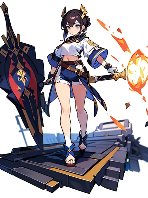 solo female, standing pose, front body, (((white background, blurry background))), character focus, fantasy clothes, character design, shorts, holding weapon, fullbody, 
