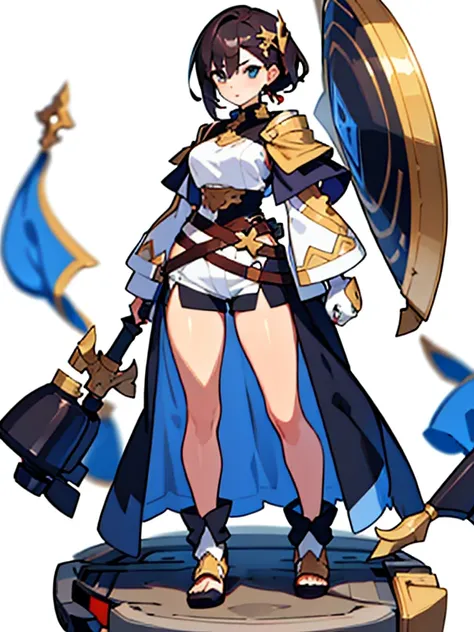 solo female, standing pose, front body, (((white background, blurry background))), character focus, fantasy clothes, character design, shorts, holding weapon, fullbody, 
