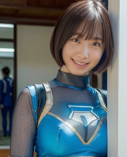 (moefive face, hurricane blue outfit, no helmet, ninpuu sentai hurricanger, belt, blue spandex tight costume, ultra best quality...