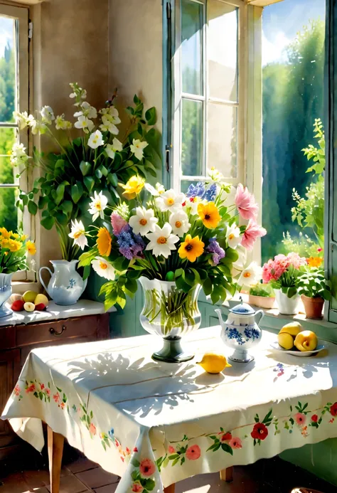 close-up of a table，there is a vase of flowers on it, pleasant environment, there is a french garden, house kitchen on a sunny d...