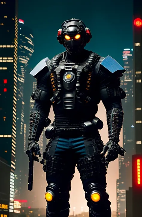 masterpiece, best quality, muscular cyberpunk ninja with samurai wearing sci-fi astronout suits, black costume, 1 guy