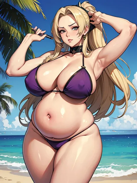 Tsunade,  ssbbw, absurd belly proportions, pregnant belly, bloated belly, big thighs, one navel, tiny bikini