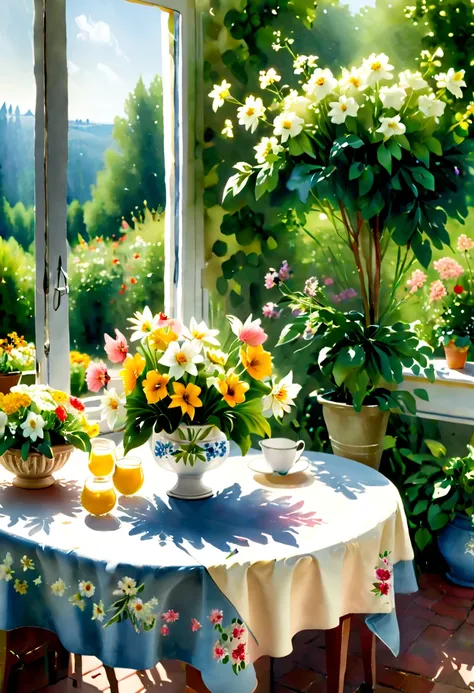 close-up of a table，there is a vase of flowers on it, pleasant environment, there is a french garden, house kitchen on a sunny d...