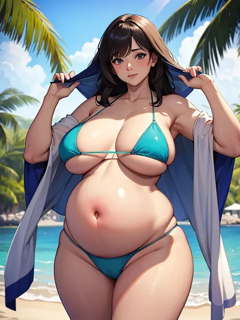 Obese, gigantic belly, pregnant belly, bloated belly, big thighs, one navel, tiny bikini