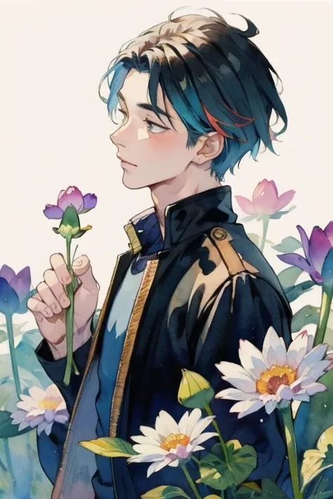 masterpiece, watercolor, 1 man, flower, handsome man, colorful flower