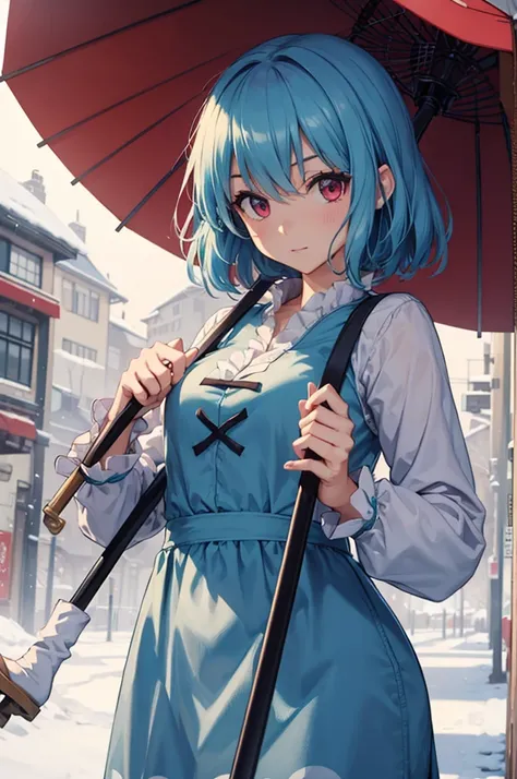 ((best quality)), ((masterpiece)), (detailed), perfect face, Kogasa Tatara, Touhou Project, 1girl, winter, snow, japan, blue and red eyes, outside of a store, holding an umbrella