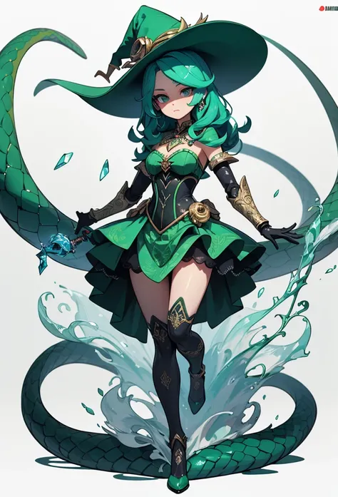 (detailed illustrations,Very detailed and precise drawing,Delicate drawn lines with tempo,Realistic texture expression),[color traced main line],(fantasy world battlefield [burning castle]),(ROBOT GIRL[snake woman[medusa]](Emerald Witch [witch hat [[Iron M...