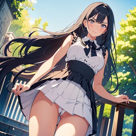 Hairstyle: long black hair,a girl,solo,highly deta iled beautiful face and eyes,looking at viewer,white lace shirt ,frilled skirt,sleeveless,large breasts,nsfw,(Lift up the skirt:1.4),(female genitalia visible:1.3),(pubic hair:1.2),(cameltoe:1.2),(love jui...