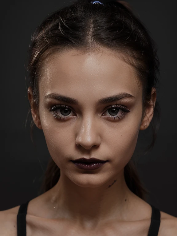 Alternative girl 26 years old, petite, slim, ponytail, dark black lips, close look straight in to eyes, face only, photorealistic, naked