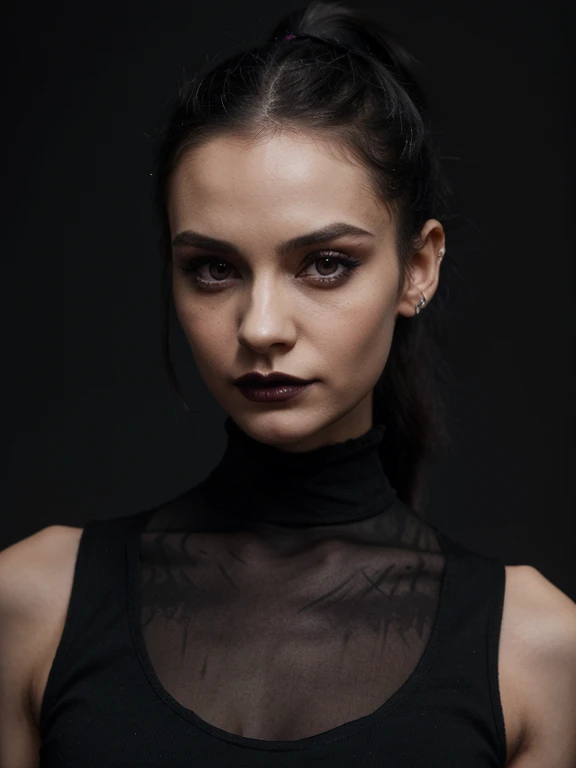 Goth girl, 26 years old, petite, slim, ponytail, dark black lips, photorealistic