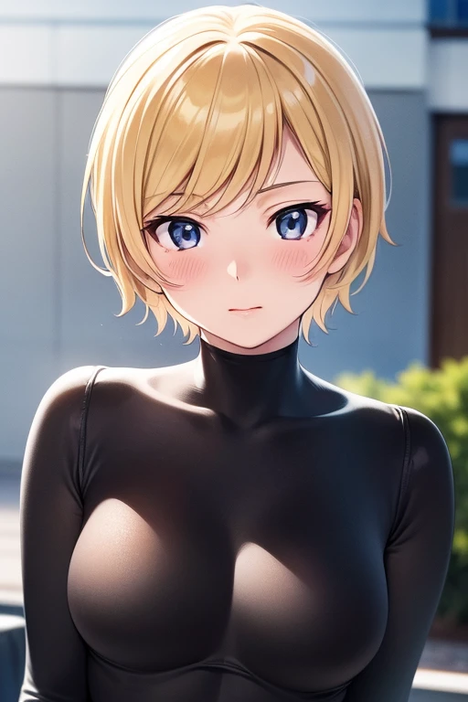 mangamichirum, 1girl, blond hair, short hair, blush, medium breast, (black long sleeve bodysuit:1.5), upper body, looking at view, (masterpiece, high resolution, best quality, anime colored, 8k, photorealistic)