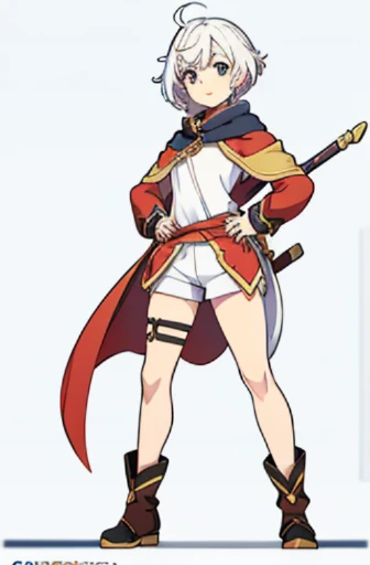 solo female, (((standing pose))), (((white background, blurry background))), character focus, fantasy clothes, character design, shorts, holding weapon, fullbody, thong, (((straight-on))), warm color clothes,
