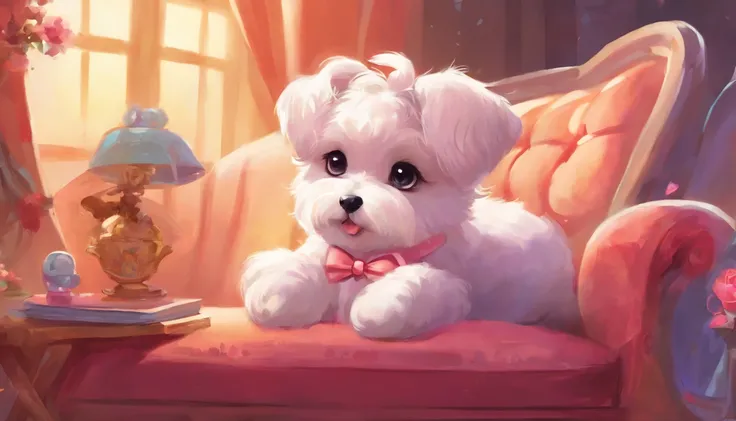 araffe with a pink bow tie sitting on a couch, small white dog at her side, cute dog, kawaii cute dog, she has a cute face, cute toy, she has a cute expressive face, cute and adorable, very cute features, dressed in a beautiful white, with cute doting eyes...