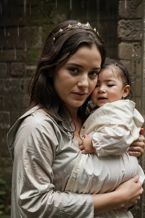 Medival queen wife with baby in her arm crying in the rain