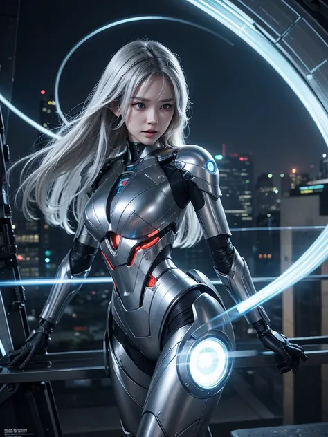 The surface is textured., silver hair, Super details, Highly detailed, High quality, best quality, high resolution, 1080p, hard disk, beautiful,ผู้หญิงไซบอร์กที่beautifulงาม,Mecha Cyborg Girl,Battle Mode,A girl whose body is like a machine,She wears a batt...