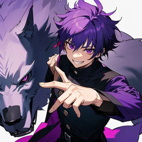 1 boy, 15 year old boy, light purple hair, dark purple hair, multicolored hair, purple eyes, black uniform, smiling, grin, (((wolf cut hair)))