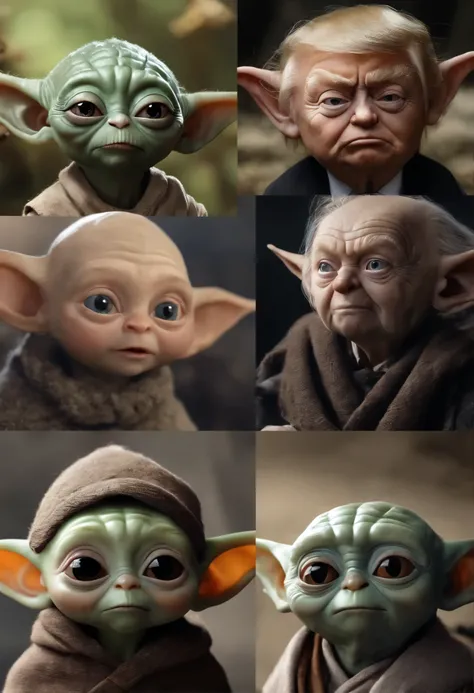 Close-up of Baby Yoda wearing a scarf., greta thunberg as Gollum, Pouting gaze :: octane number, portrait of an elf, photo of demon Gollum, Gollum, donald trump as Gollum, Portrait of a Goblin, Yoda Fantasy Art Portrait, charming digital painting, portrait...