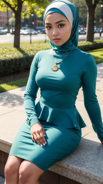 raw, Best quality, High accuracy, Masterpiece: 1.3), Beautiful Malaysian woman in hijab,Masterpiece, Perfect slim body, (small),Big gorgeous eyes, soft smile,Thick thighs,He sits, Delicate peplum dress with a turtleneck print, necklace, com.shairband, Afte...