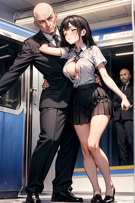 crowded train, girl, Bald fat man lying on his back and hugging his girlfriend from below and lifting her up, black sexy lingerie,, I can see pubic hair, 40k, photograph, masterpiece, highest quality, dark gray background, (with one girls quickly open legs...