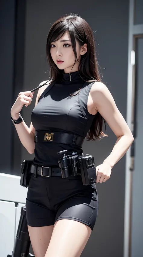 8k, top-quality, （pubic hair beauty）、hight resolution, 逼真, realperson, the met、(((Female Detective)))、chasing the criminal、((Desperate face))、Running and sweating、desperate、SWAT Vest, gun
