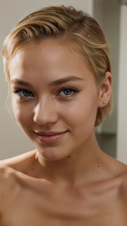 21 year old Scandinavian glamour model, detailed eyes, eyelashes, forehead, short hair, blonde hair, looking at viewer, smile