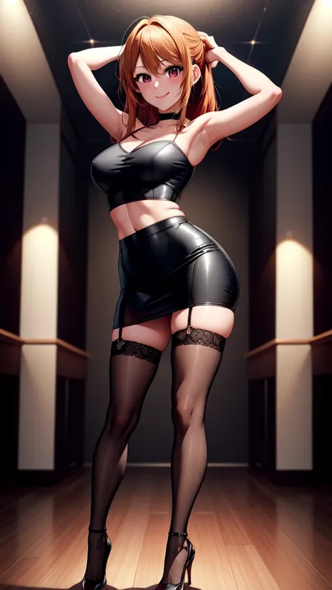 anime, beautiful face, highly detailed face, 2 accurate legs detailed eyes, highly detailed background, perfect lighting, accurate arms, accurate hands, accurate fingers, full body, 1girl, solo, ruby hoshino, oshi no ko, indoors, detailed heels, black heel...